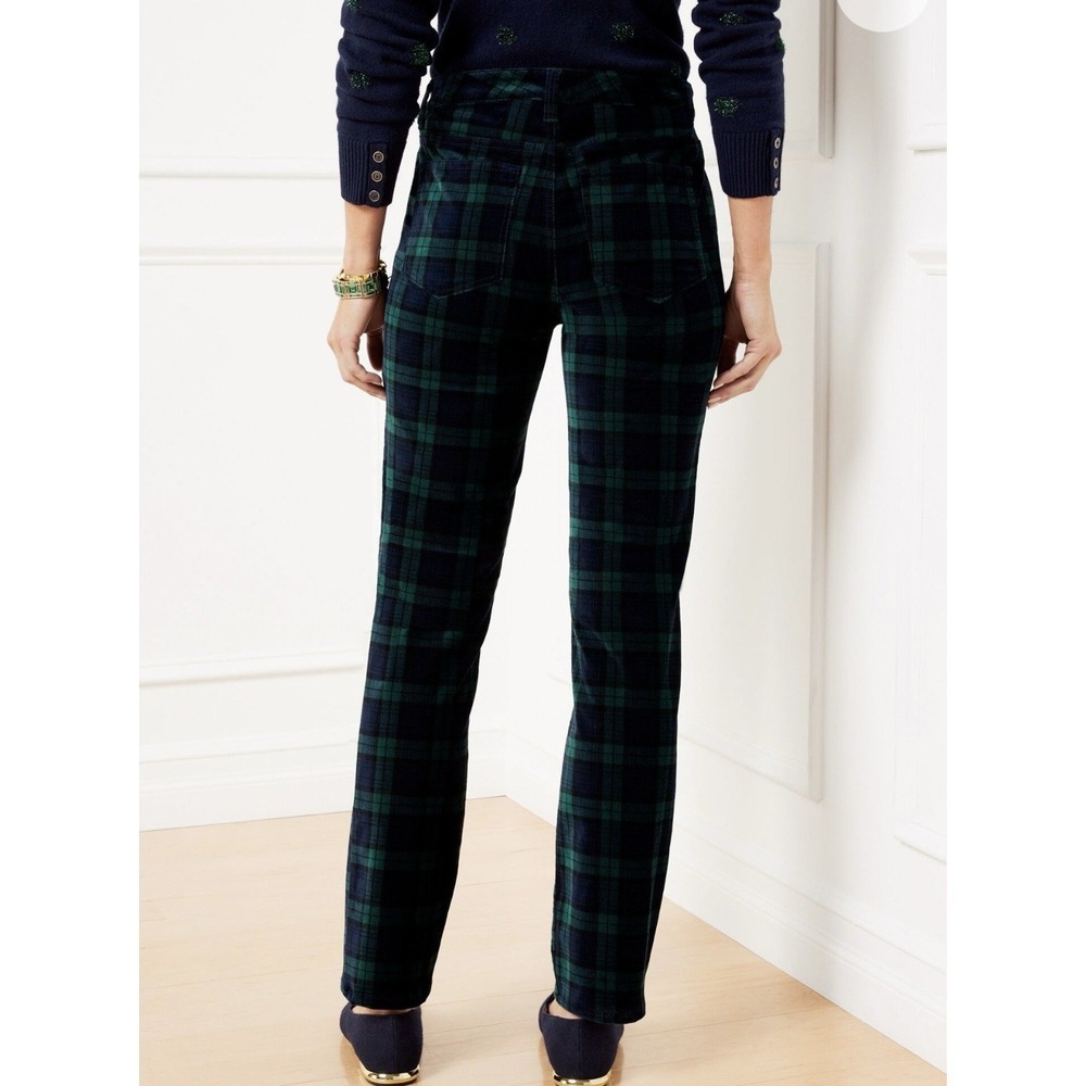 Talbots Sz 12 | Velveteen Straight Leg Tartan Plaid Ankle Pants Black Green - Picture 15 of 16